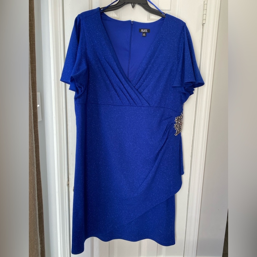 NWT SLNY Cobalt Blue Metallic Midi Wrap formal party Dress – Size 22W